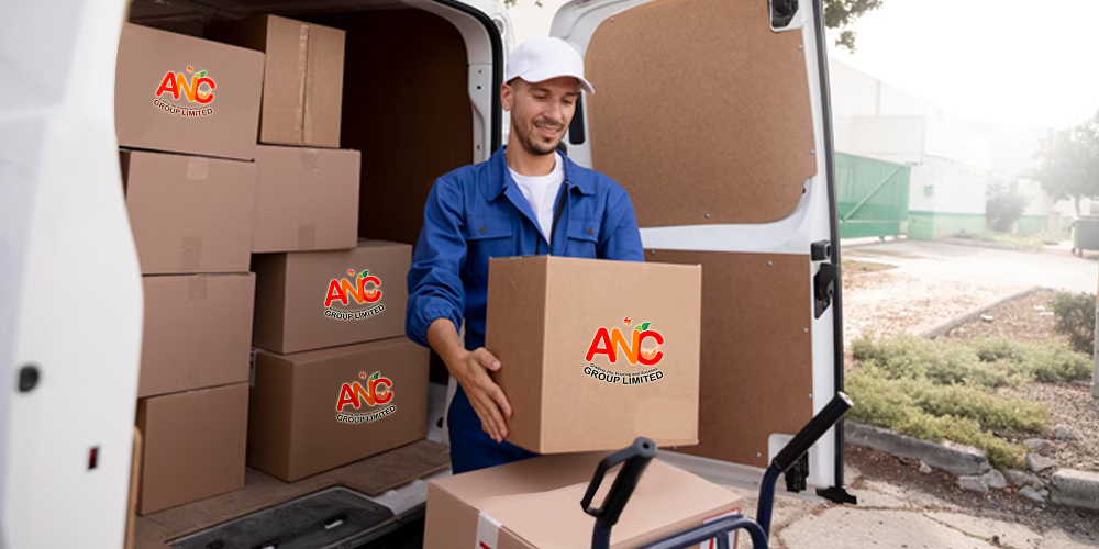 Logistics worker handling ANC Group Limited packages, preparing for shipment.