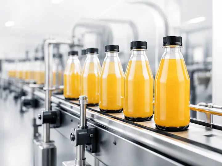 Beverage bottles moving on a production line for OEM manufacturing review