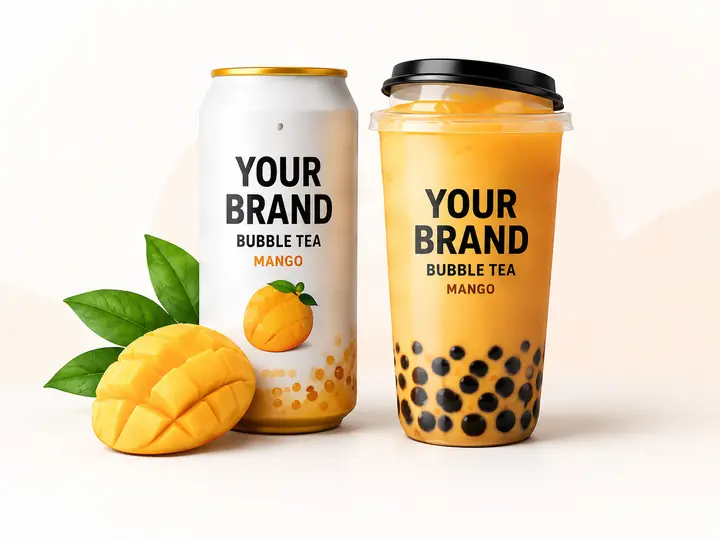 Private label mango bubble tea can and cup for own-brand beverage projects