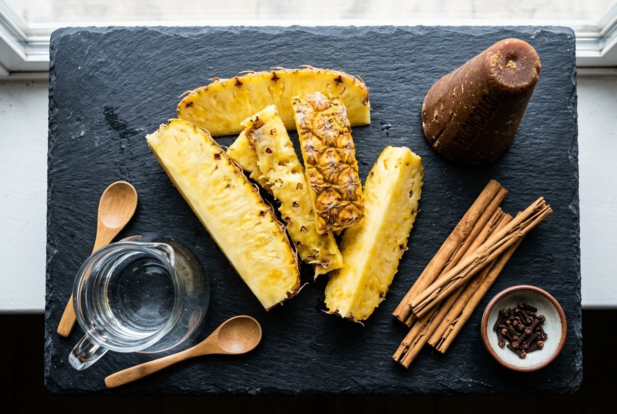 Raw ingredients for making Mexican tepache: fresh pineapple peels, dark brown piloncillo cone, Ceylon cinnamon sticks, and whole cloves