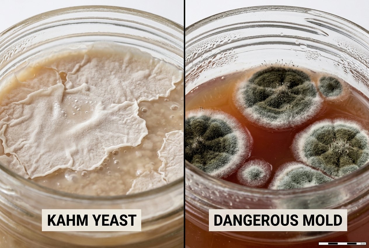Visual comparison showing safe flat white Kahm yeast film versus unsafe fuzzy raised mold on a fermentation surface