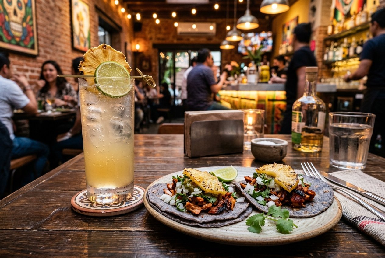 Mezcal tepache highball cocktail in a tall Collins glass served next to two tacos al pastor with roasted pineapple