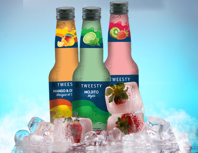 Refreshing TWEESTY beverage collection featuring Mango & Orange, Mojito, and Strawberry flavors, artistically presented on a bed of ice to emphasize coolness and freshness.