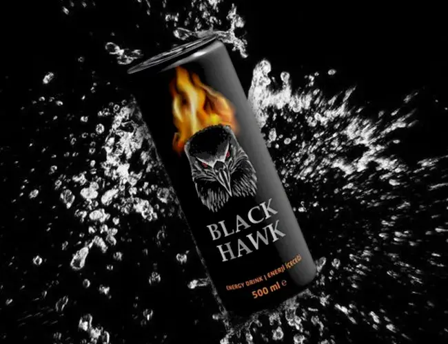Dramatic image of a Black Hawk energy drink can with flames, set against a dynamic backdrop of splashing water.