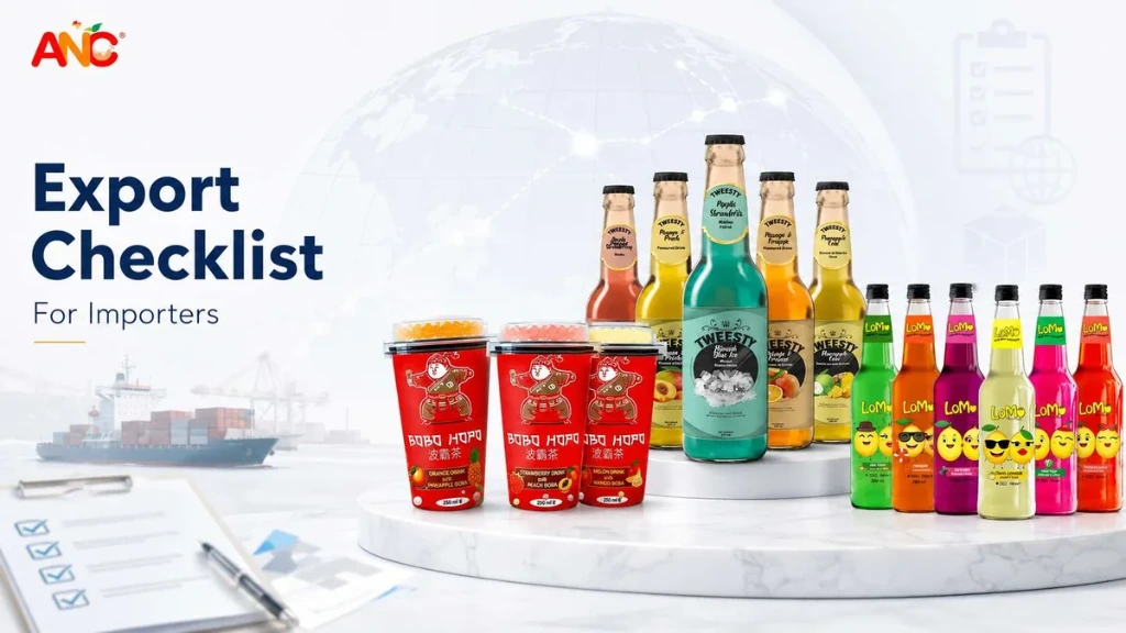 Beverage export checklist for importers with drink products and shipping background