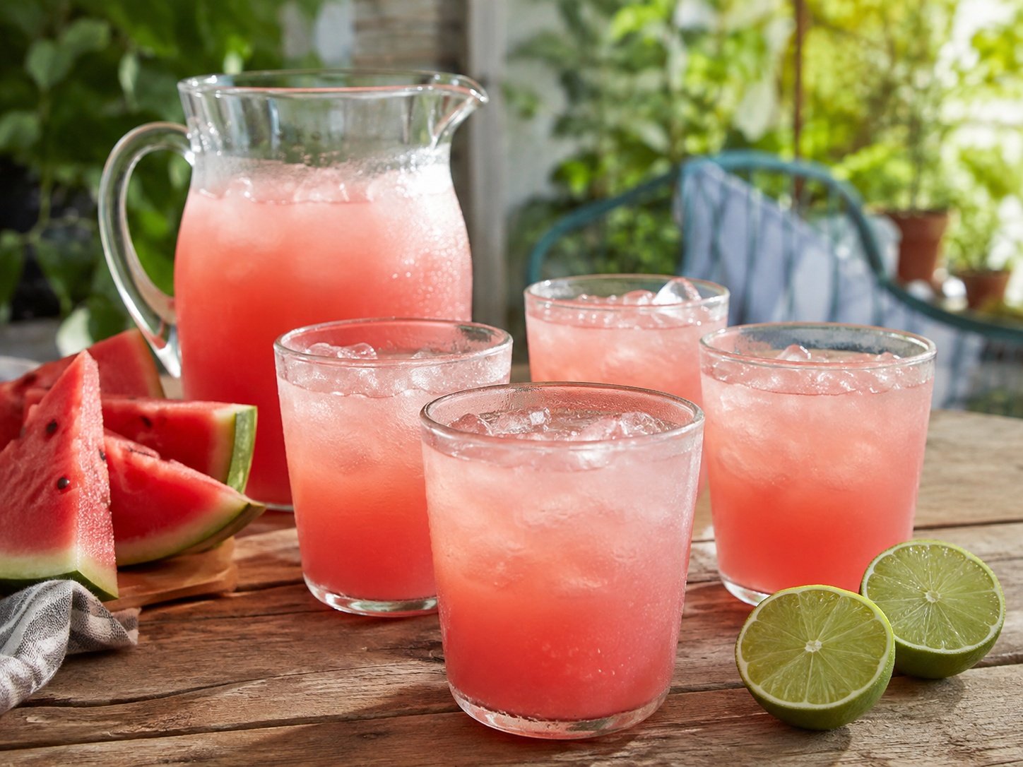 Homemade watermelon agua fresca served cold with ice and fresh lime