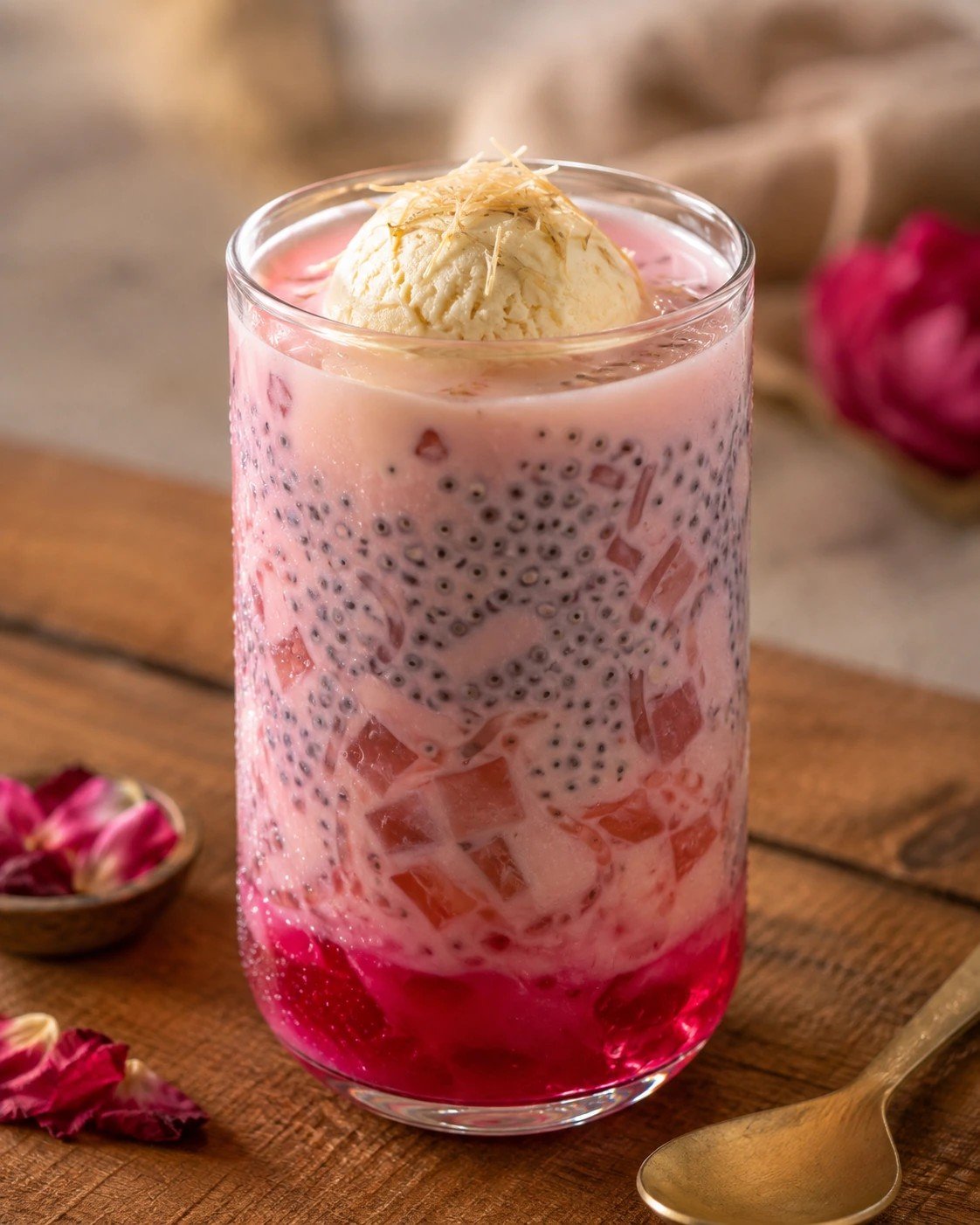 Traditional layered falooda drink with basil seeds, rose syrup, and kulfi