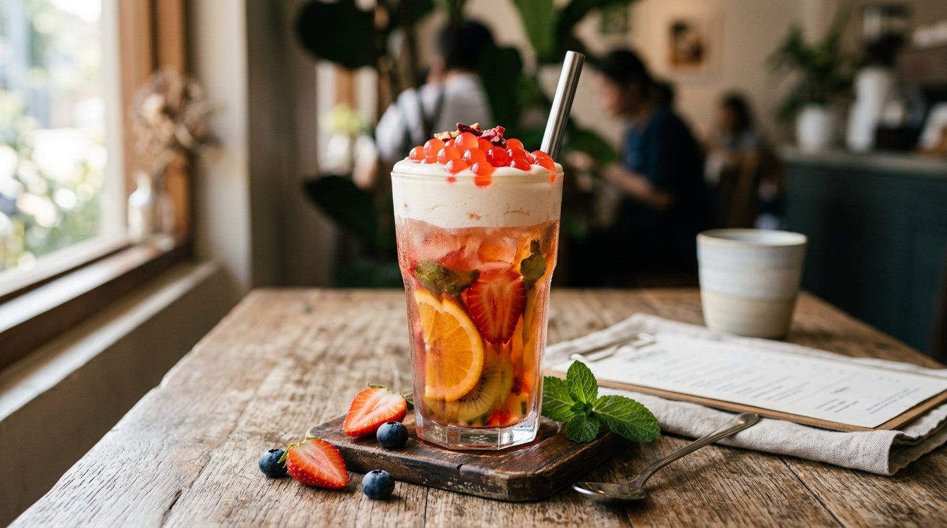 Homemade fruit refresher iced drink with sweet cream and popping boba
