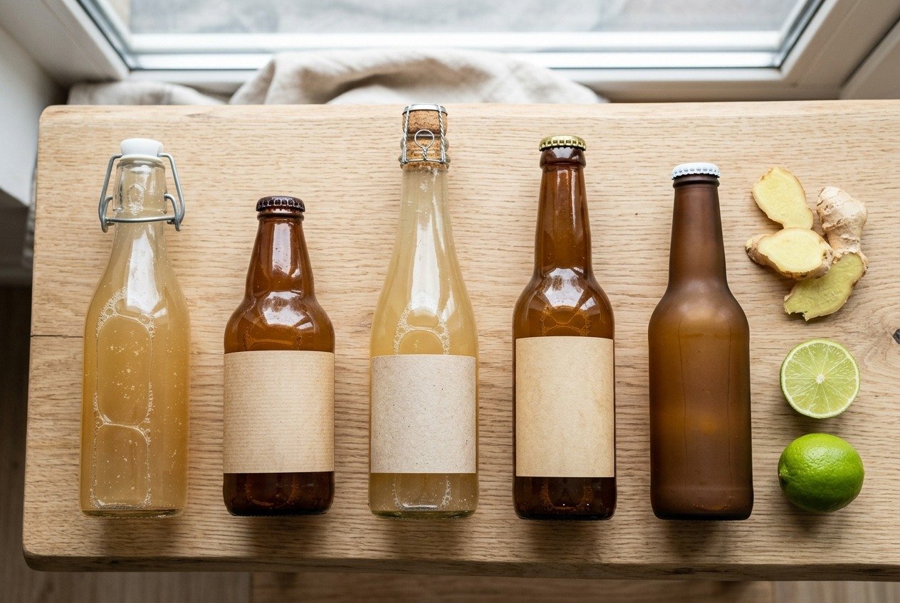 Lineup of commercial ginger beer bottles from different brands for comparison