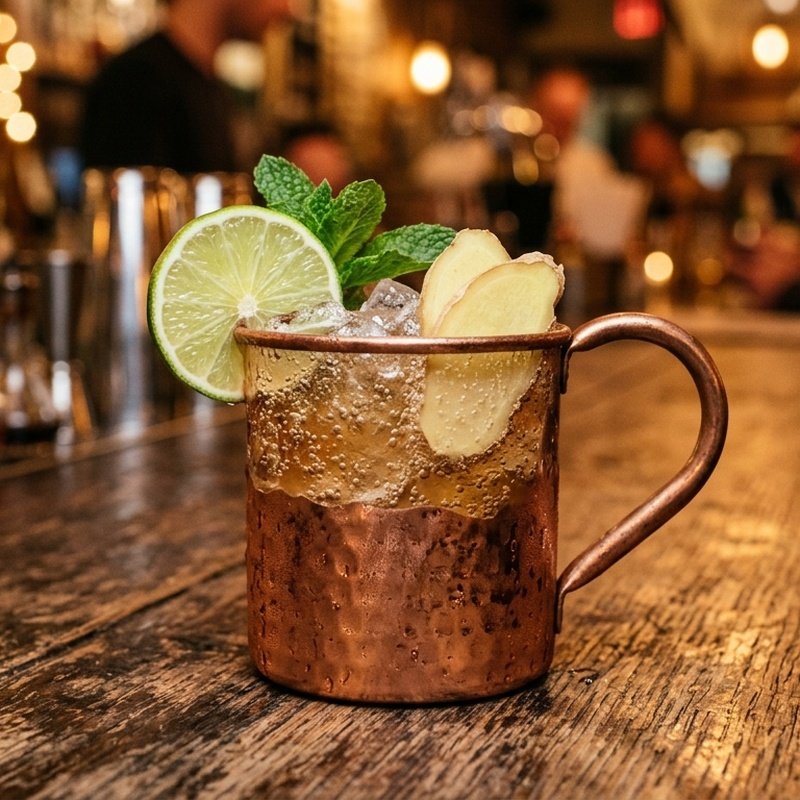 Cold glass of ginger beer with fresh ginger slices, lime wedge, and ice against a dark background
