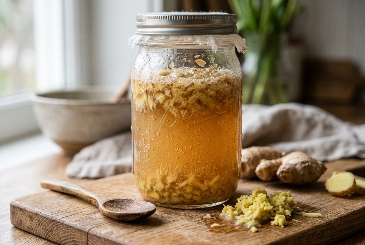 Active ginger bug starter in a glass jar showing bubbles, with grated ginger on a cutting board