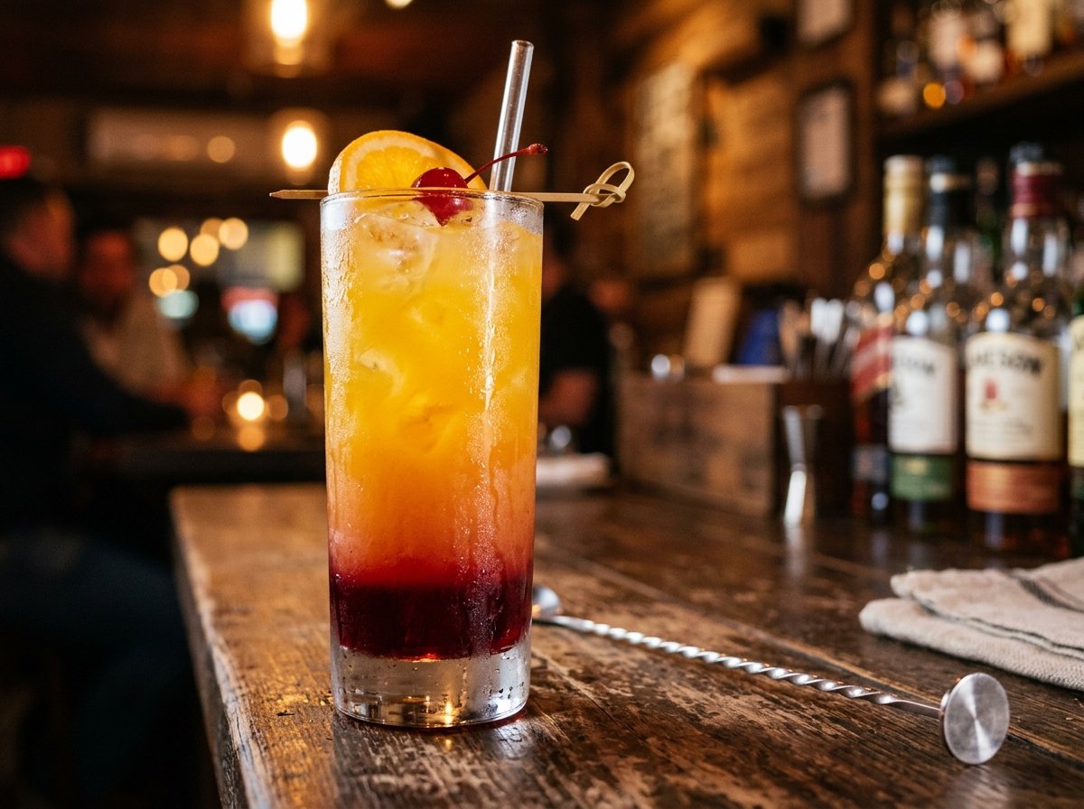 Layered Tequila Sunrise showing dark red grenadine settled at the bottom of the glass