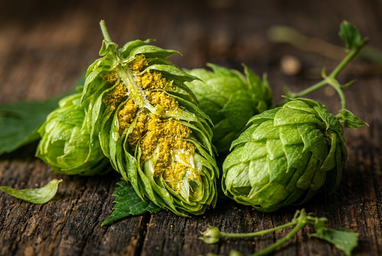 Hop cone split open showing bright yellow lupulin gland powder used in dry-hopped beer