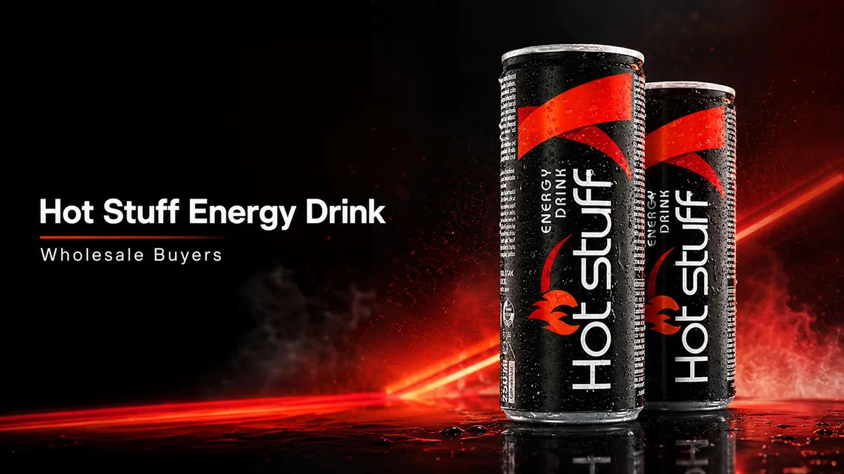 Hot Stuff energy drink wholesale buyer guide with black cans and red energy background