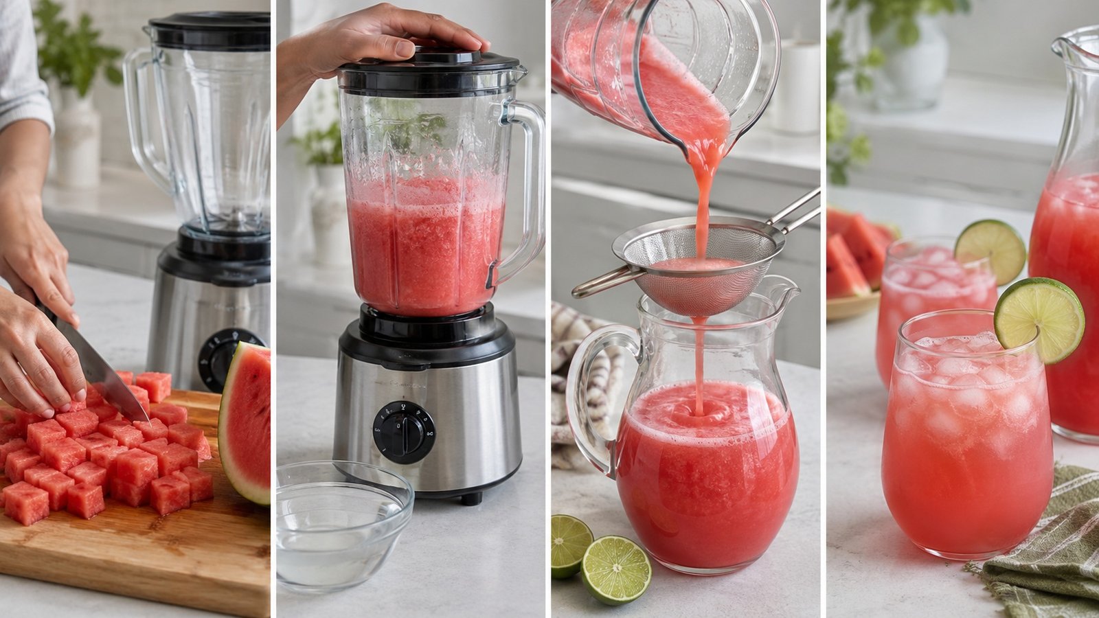 Steps for making homemade fruit agua fresca with a blender, strainer and pitcher