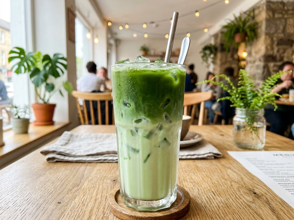 Two-tone iced pistachio matcha latte with pale green pistachio milk and vibrant matcha layers