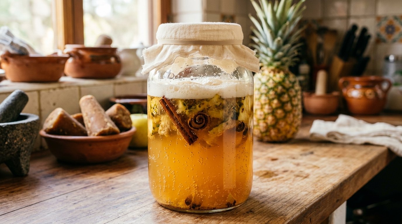 Authentic Mexican pineapple tepache with ice and cinnamon garnish