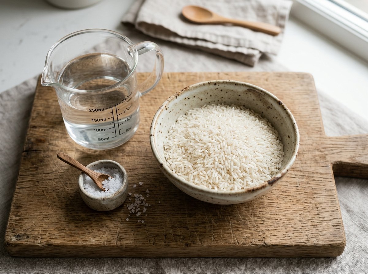 Milled rice, water, and salt, the basic ingredients in rice milk