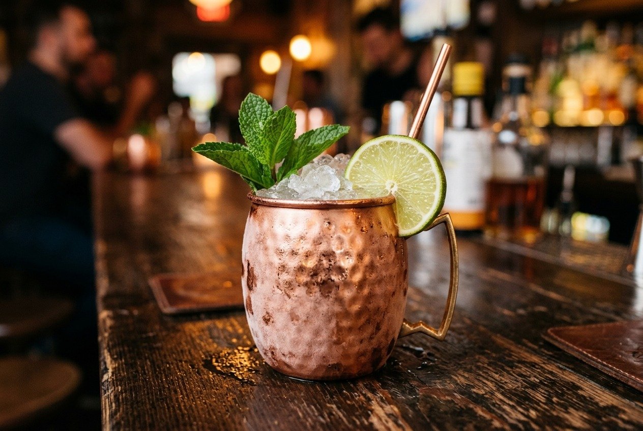 Classic Moscow Mule cocktail in a copper mug with ginger beer, mint sprig, and lime on a bar