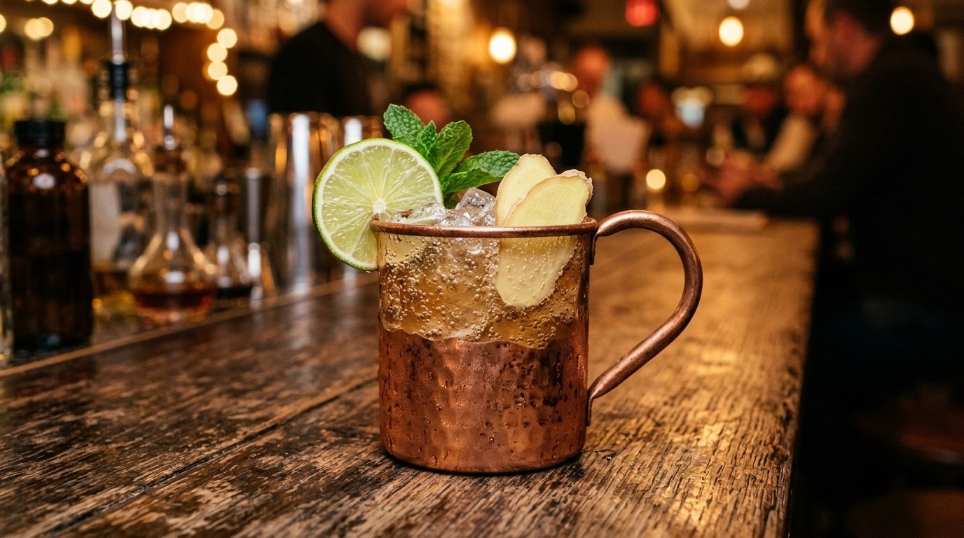 Rustic copper Moscow Mule mug with ginger beer, lime, and fresh ginger root on a wooden bar