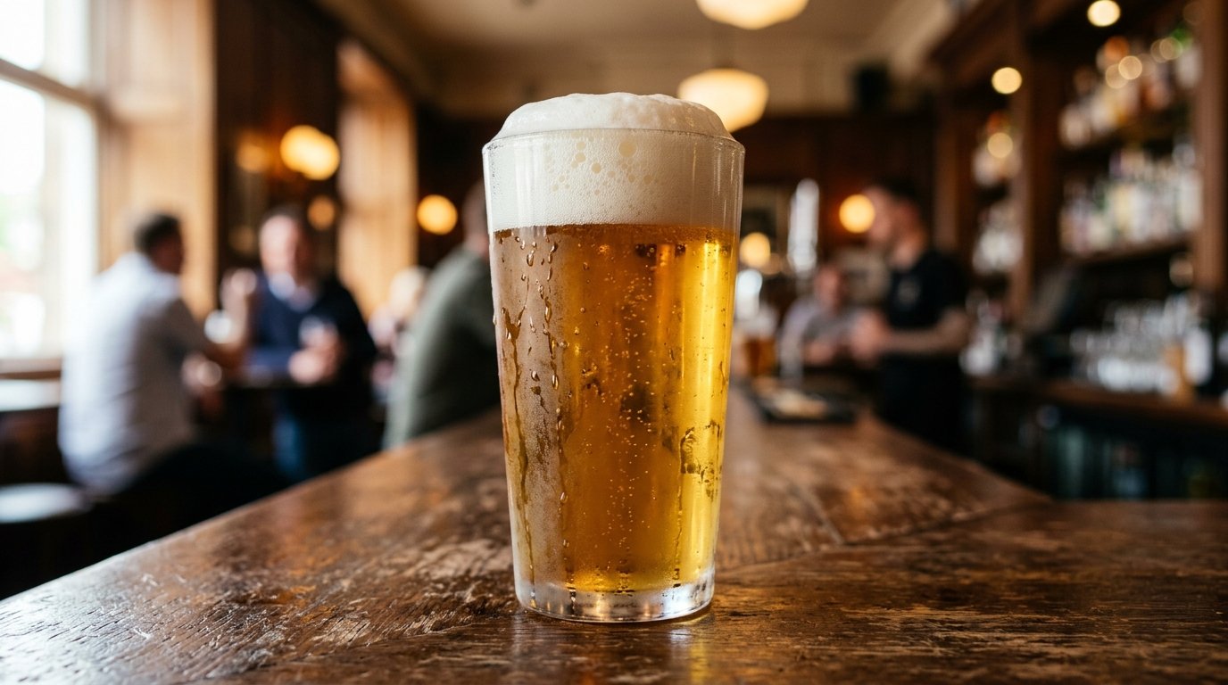 Frosty glass of golden non-alcoholic craft beer with creamy foam head on a wooden bar counter