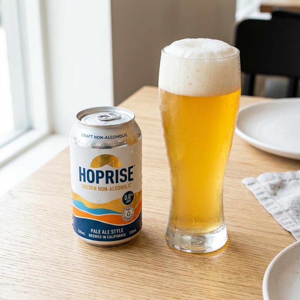 Chilled non-alcoholic beer can and filled beer glass with white foam on a table