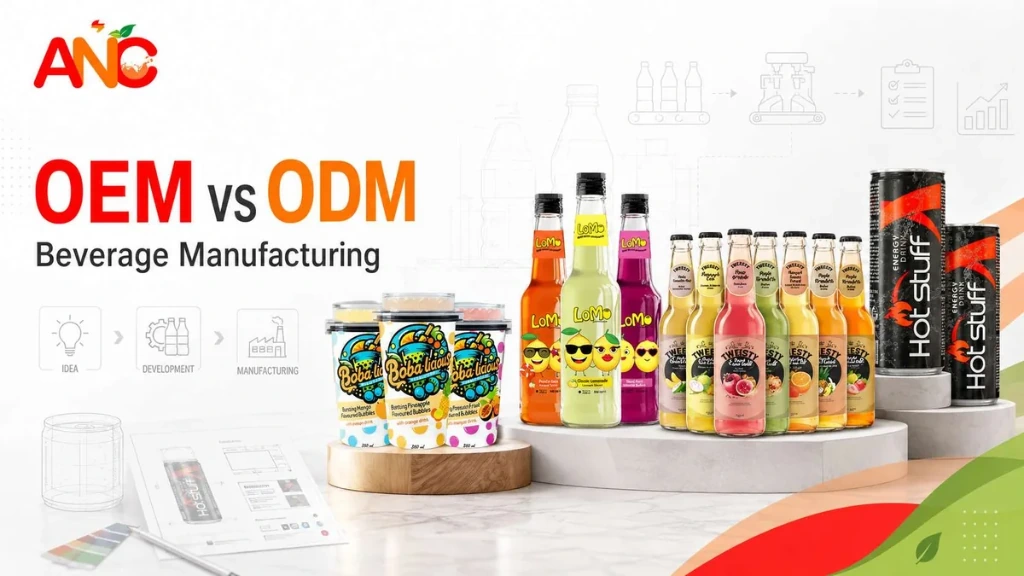 OEM vs ODM beverage manufacturing guide with product range and development icons