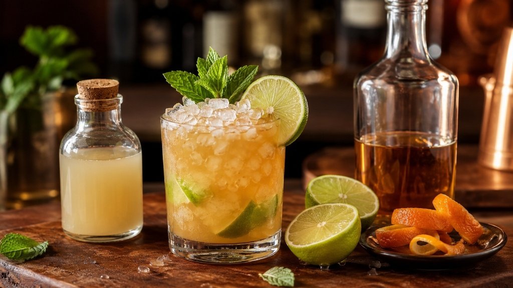 Mai Tai cocktail with orgeat, lime, rum and orange curaçao ingredients