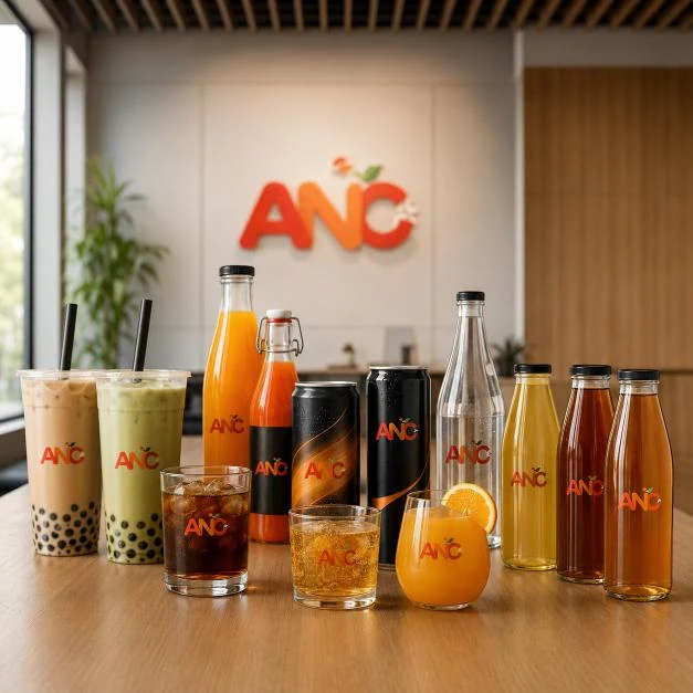 Private label beverage range with branded cans, bottles and cups