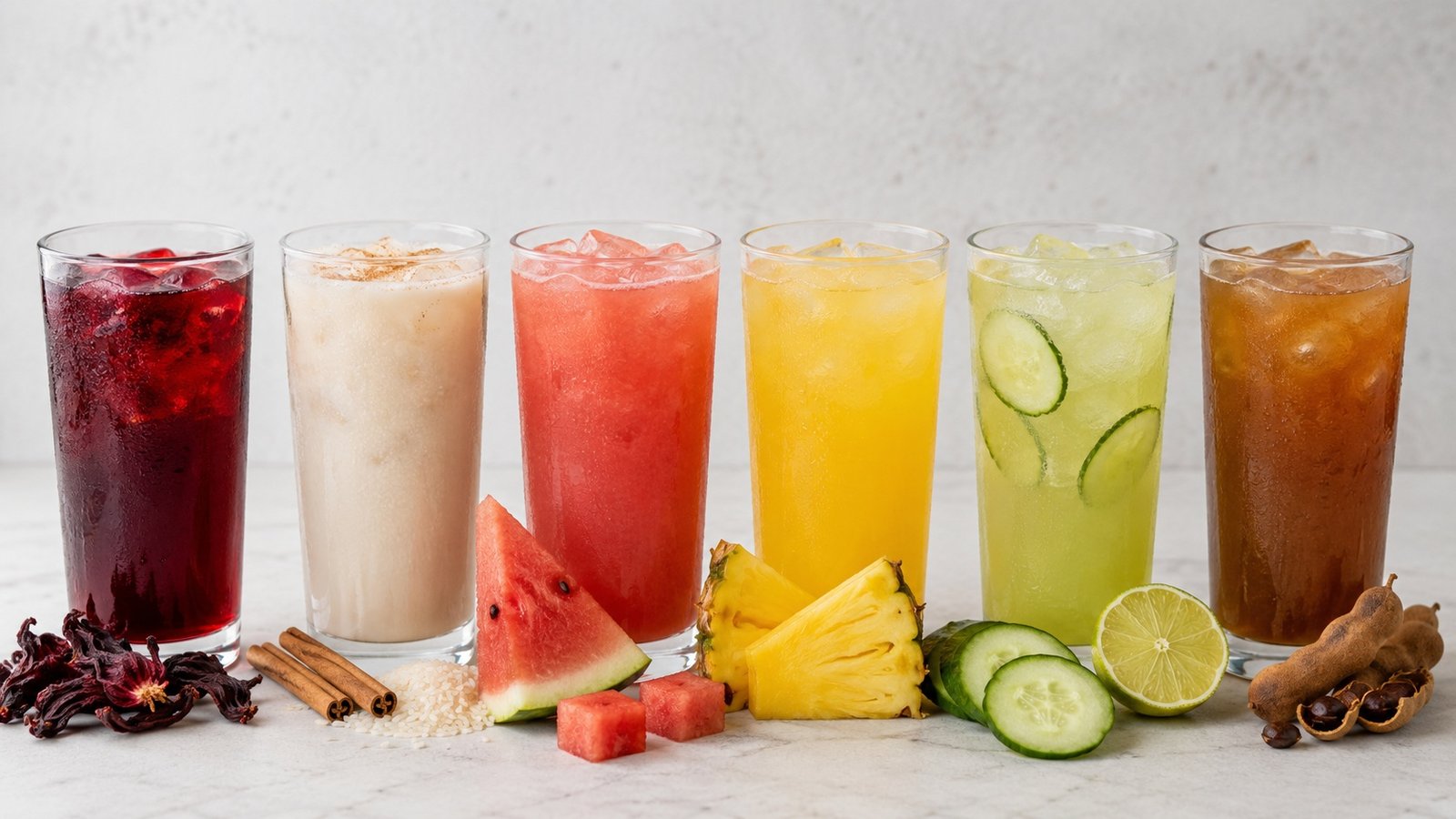 Popular agua fresca flavors including jamaica, horchata, watermelon, pineapple and cucumber lime