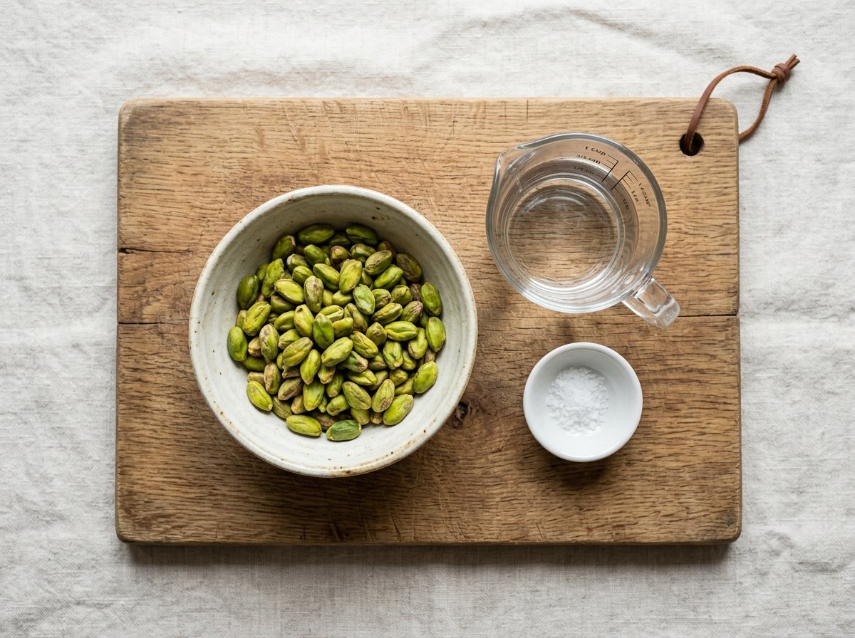 Raw shelled pistachios, water, and salt, the only ingredients in homemade pistachio milk