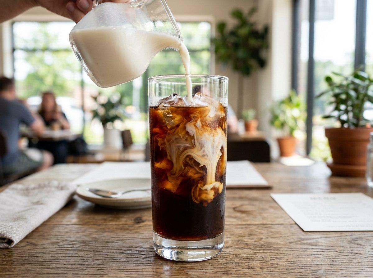 Rice milk being poured as a cold splash into iced coffee