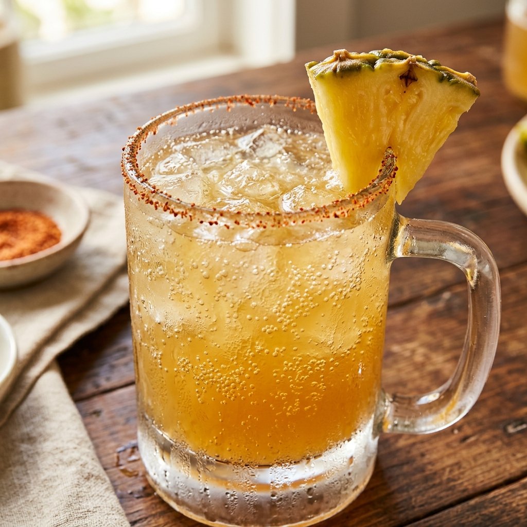 Traditional Mexican tepache fermented pineapple drink in a rustic glass with cinnamon stick and fresh mint