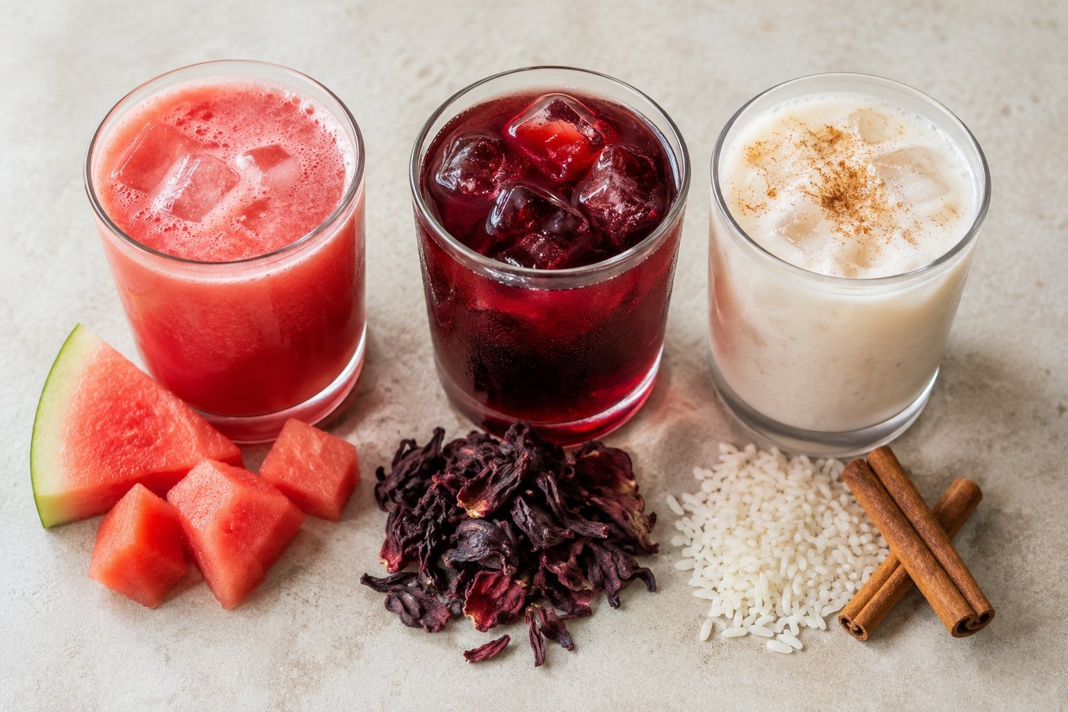 Fruit agua fresca, hibiscus jamaica and Mexican horchata side by side