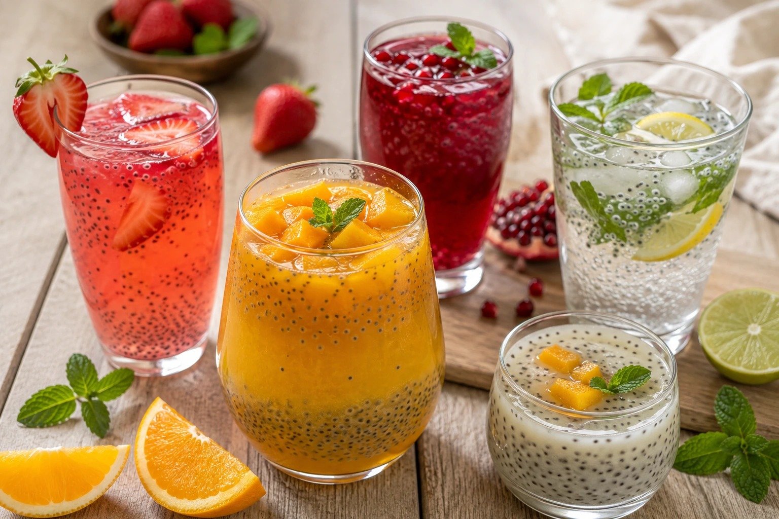 A variety of refreshing basil seed drinks with fruit and mint