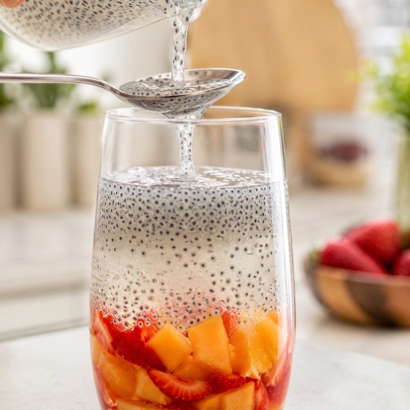 Glass of basil seed drink with soaked seeds and fruit garnish