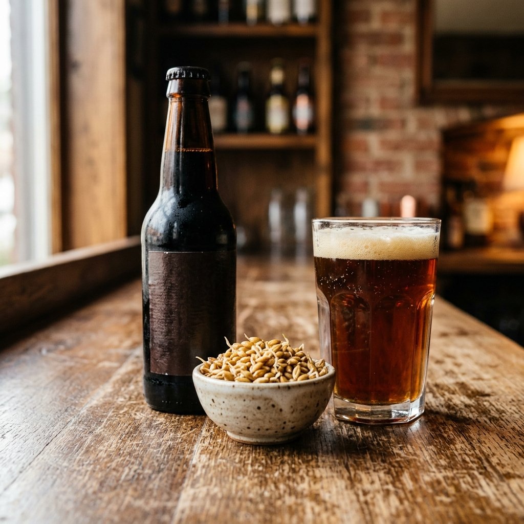Bottle of Malta soda next to sprouted barley grains