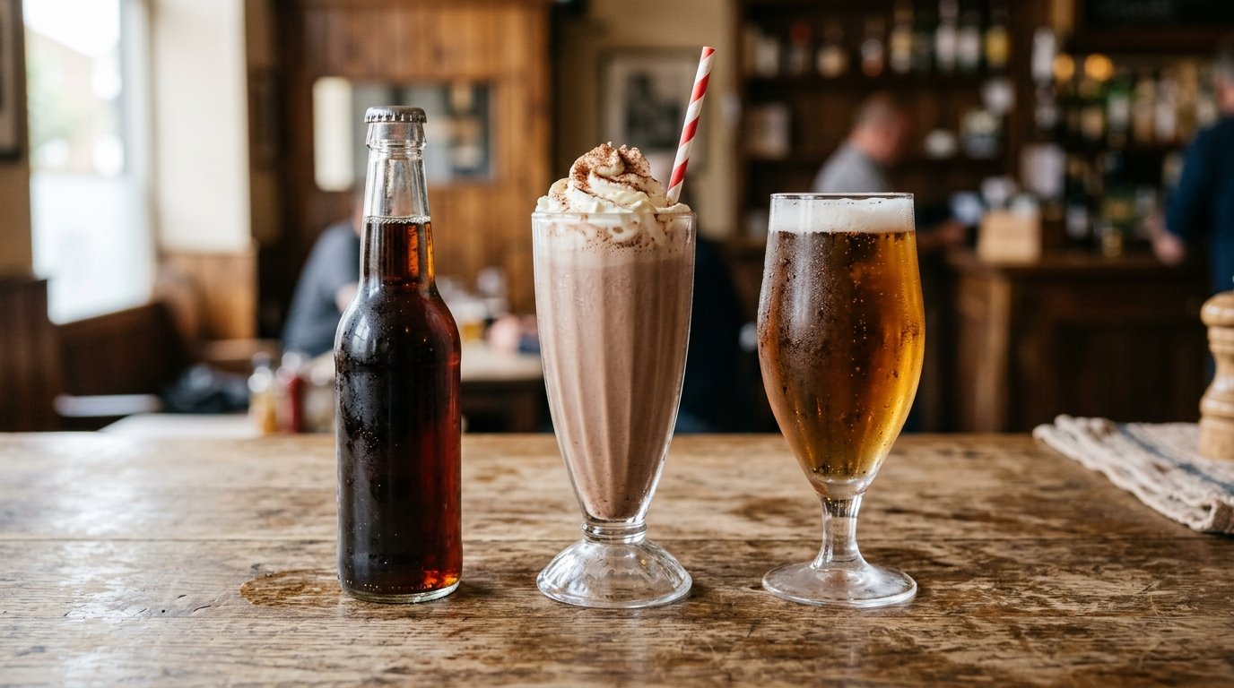 Three types of malt drinks including Malta soda, malted milkshake, and malt beverage