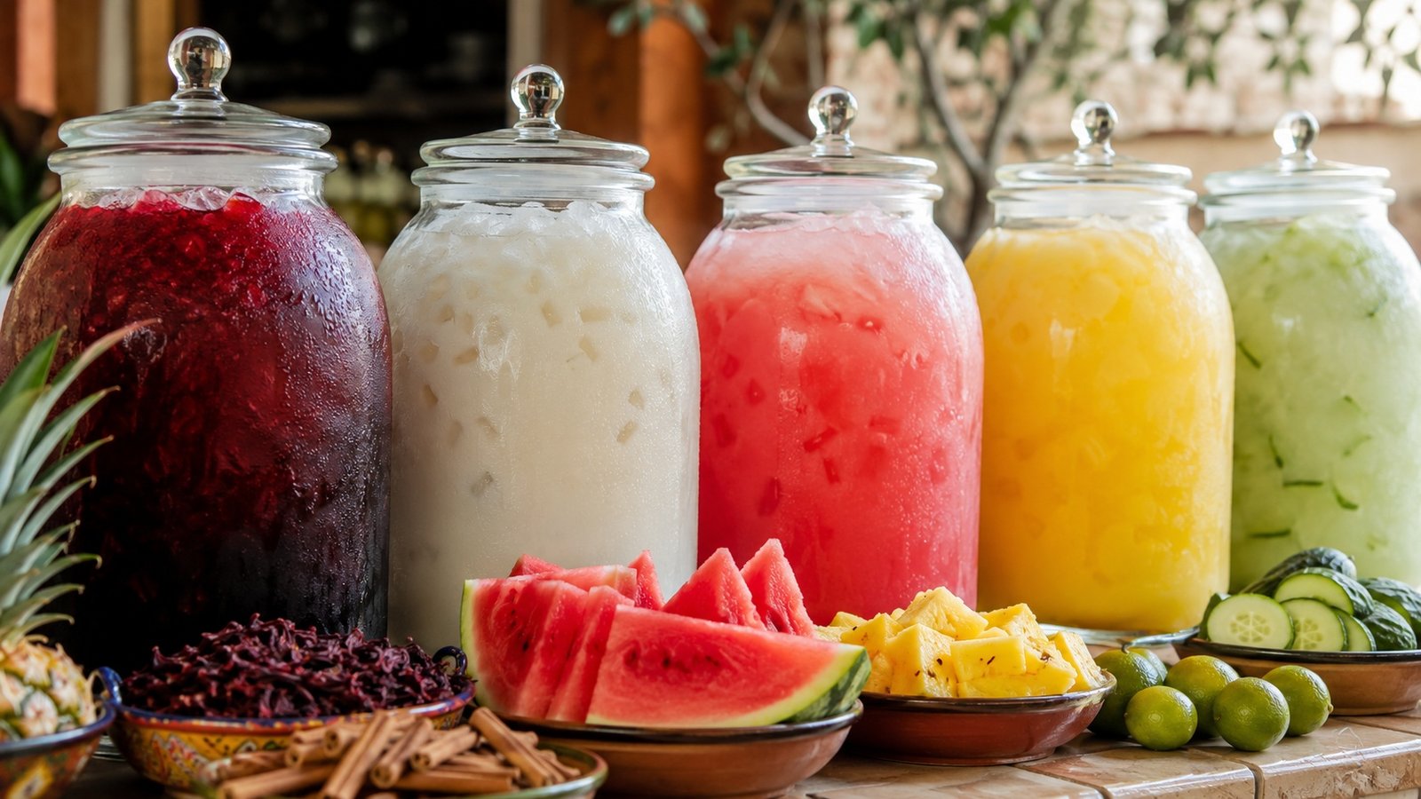 Traditional Mexican aguas frescas including jamaica, horchata and watermelon