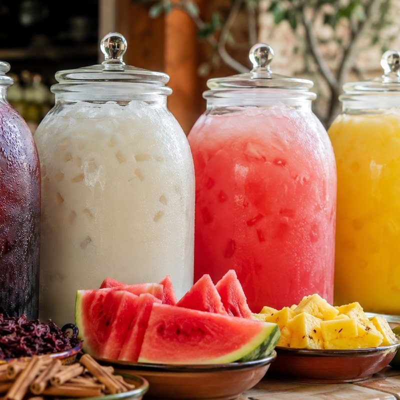 Traditional Mexican aguas frescas in large glass vitroleros