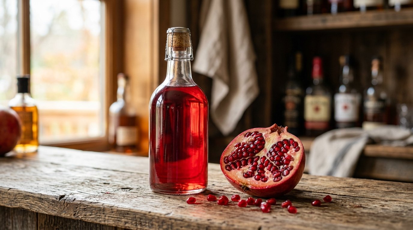 Bottle of grenadine syrup next to a fresh cut pomegranate on a wooden bar counter