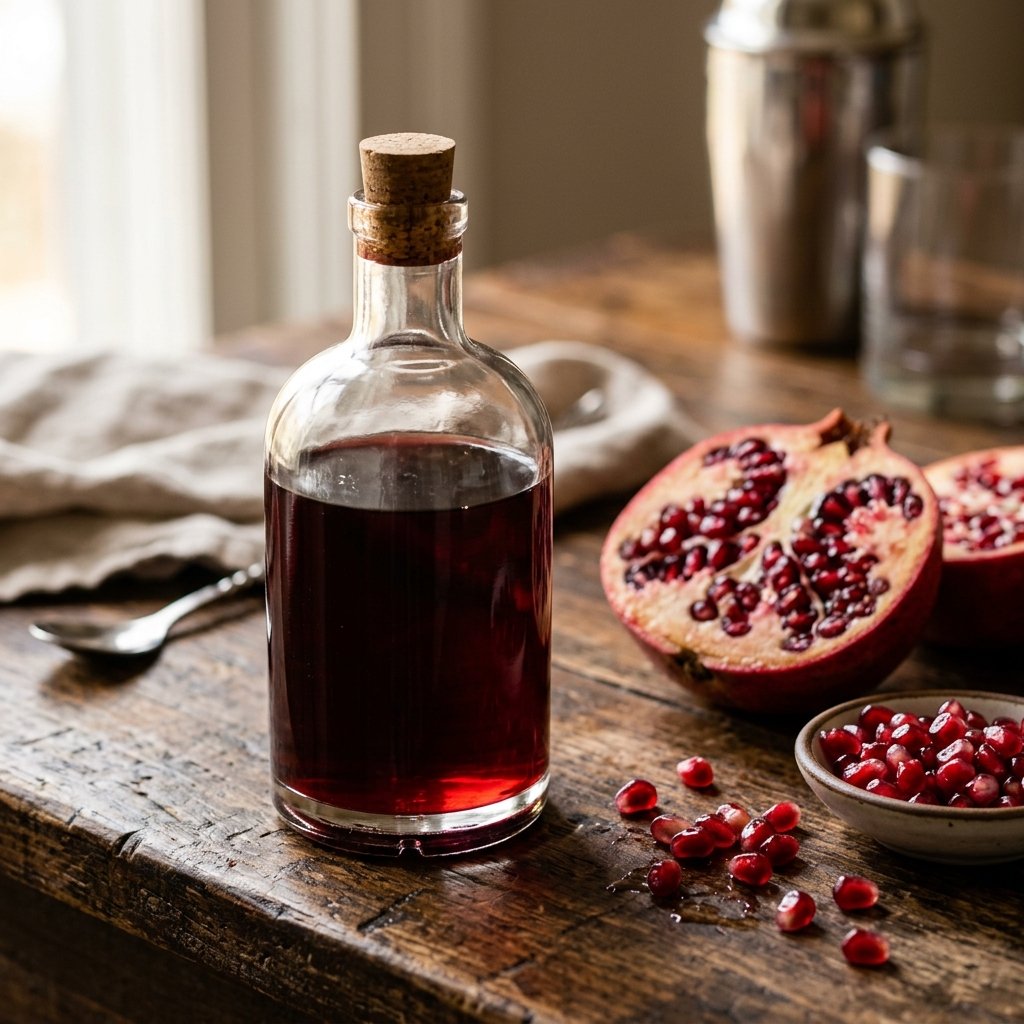 Bottle of ruby red grenadine syrup next to fresh pomegranate pieces and seeds