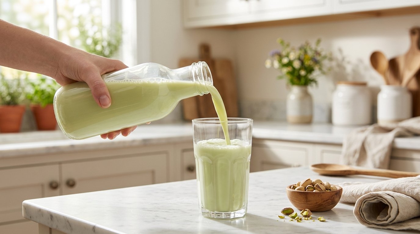 Pistachio milk being poured into a glass on a marble counter