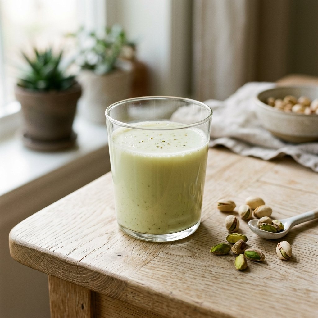 Glass of fresh pale green pistachio milk on a wooden table