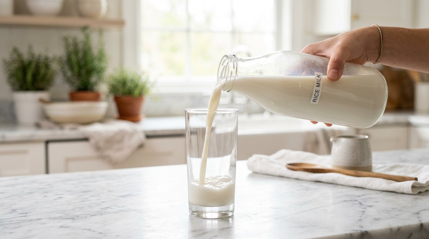 Rice milk being poured into a glass on a marble counter