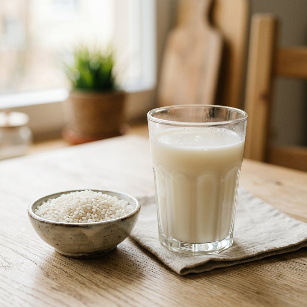 Glass of rice milk next to a small bowl of rice grains