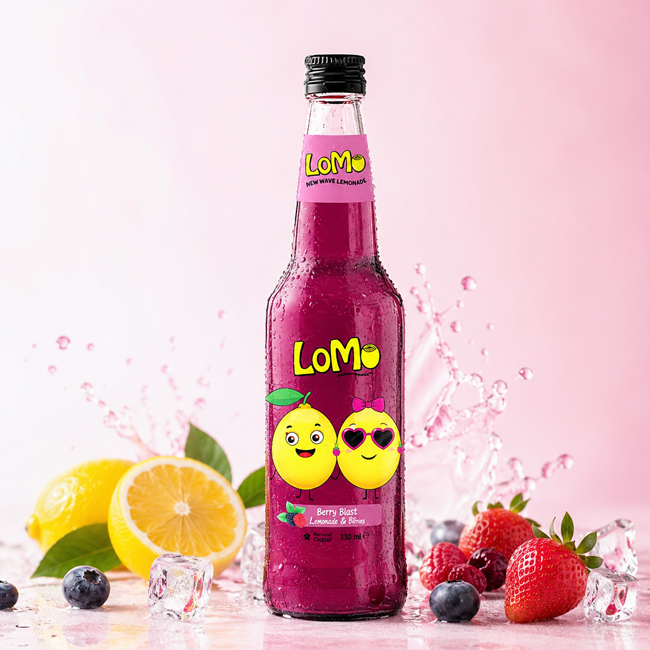 LoMo Berry Blast 330 ml lemonade bottle with berries, lemon, ice, and pink splash background.