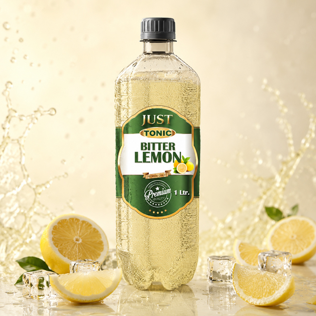 Just Tonic Bitter Lemon 1 Ltr PET bottle with lemon slices, ice, and golden splash.