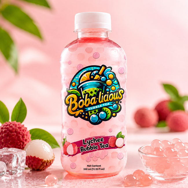 Bobalicious Lychee Bubble Tea 330ml bottle with lychee fruit, boba pearls and ice on a pink background.