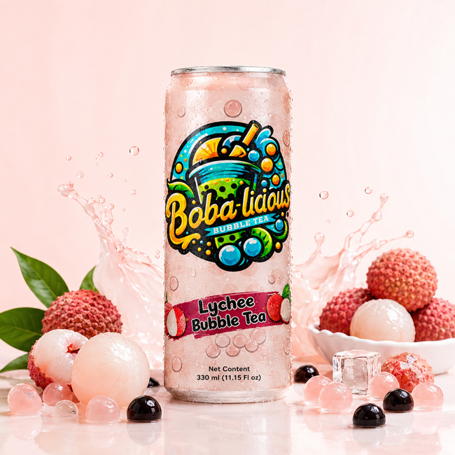 Bobalicious Lychee Bubble Tea 330 ml can with lychee fruit, ice cubes, tapioca pearls and soft pink splash background.
